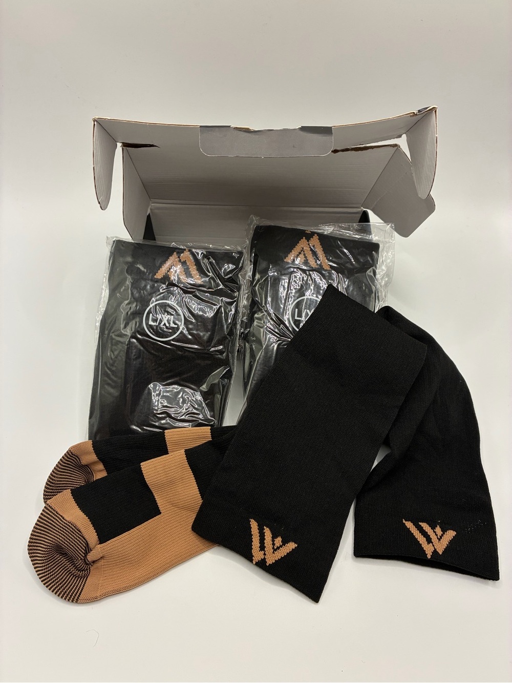 Athletic Compression Crew Socks 3 qty Multi-Pack Set, Black & Tan, L/XL